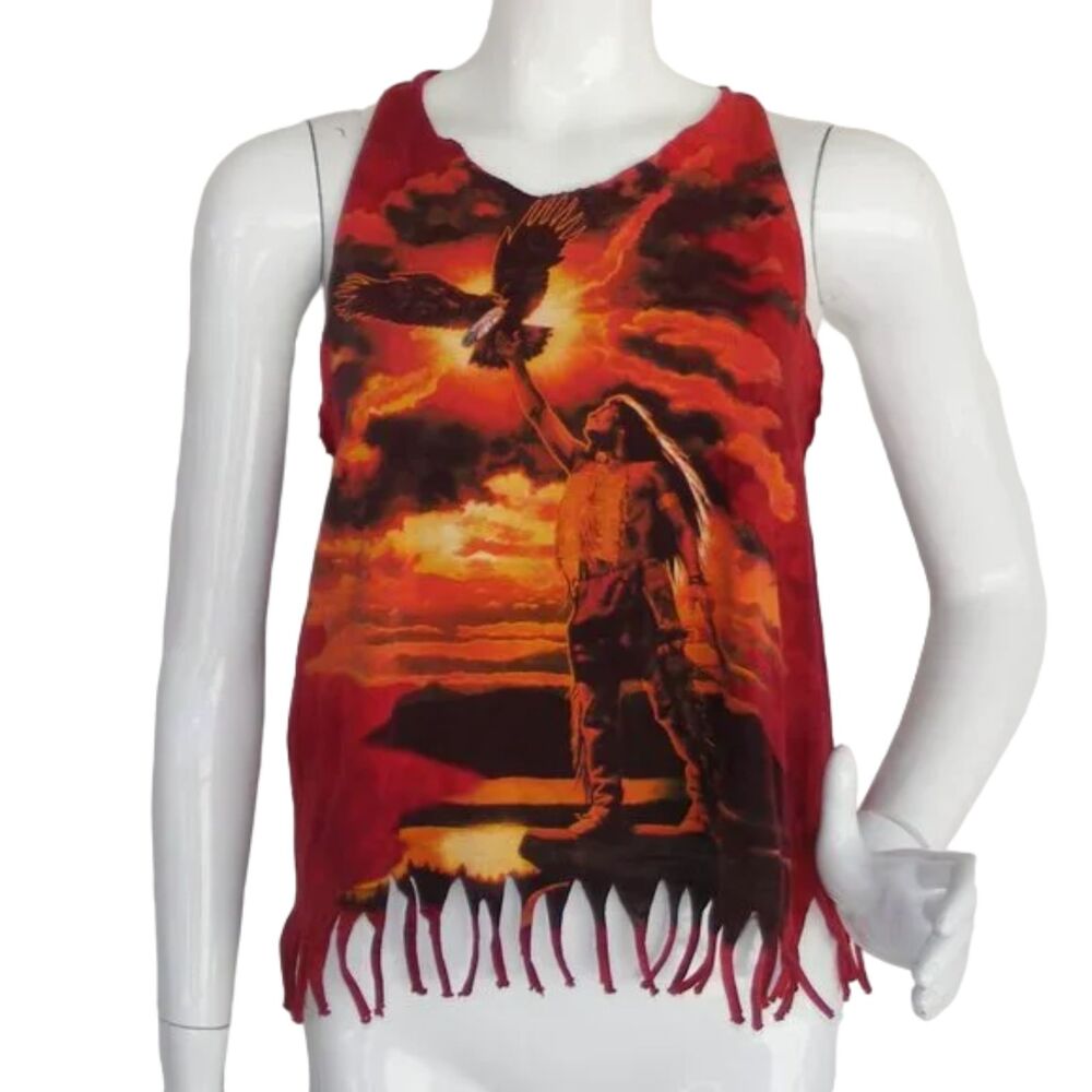 Handmade Tank Top, M, Warrior w/Eagle & feather, Tie dye, Fringe, Summer